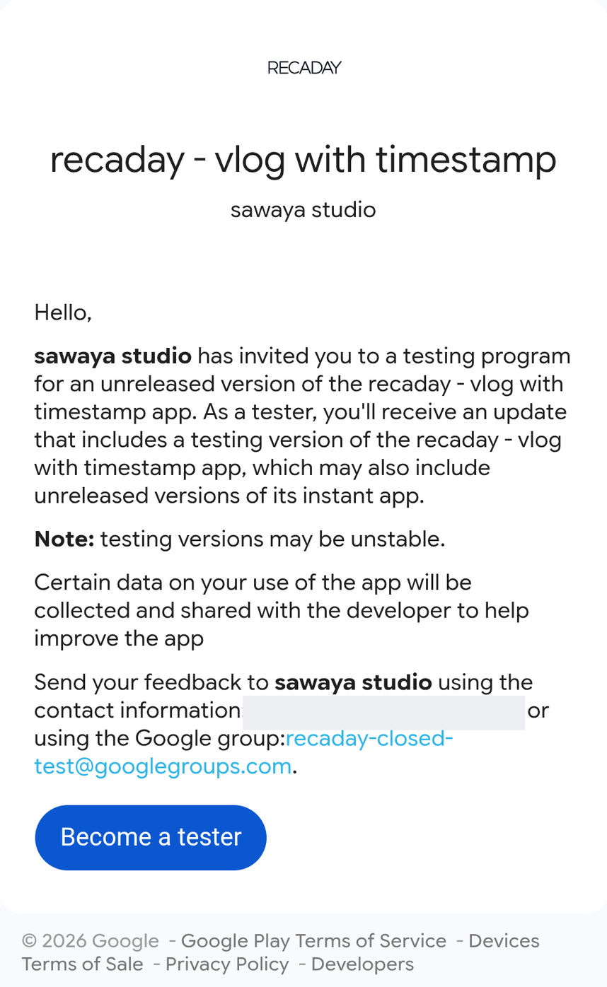 The Google Play testing page on a phone. Become a tester sits at the bottom.